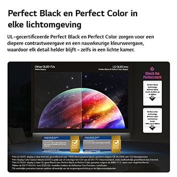 Een LG OLED evo AI C6 toont een gesplitst scherm met een afbeelding van een planeet en sterren, waarbij een mat scherm met anti-glare wordt vergeleken met het scherm met perfect zwart en perfecte kleuren voor een helderder beeld bij elke lichtomstandigheid, ondersteund door UL-certificering en Intertek-certificeringen voor kleurvolume en kleurechtheid.